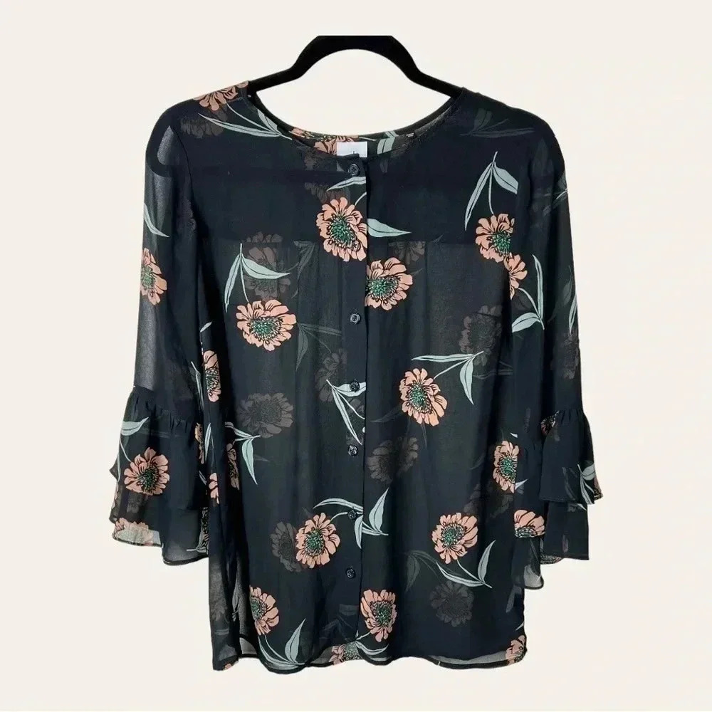 0508w. Cabi Sheer Top With Flutter 3/4 Sleeves Fl… - image 4